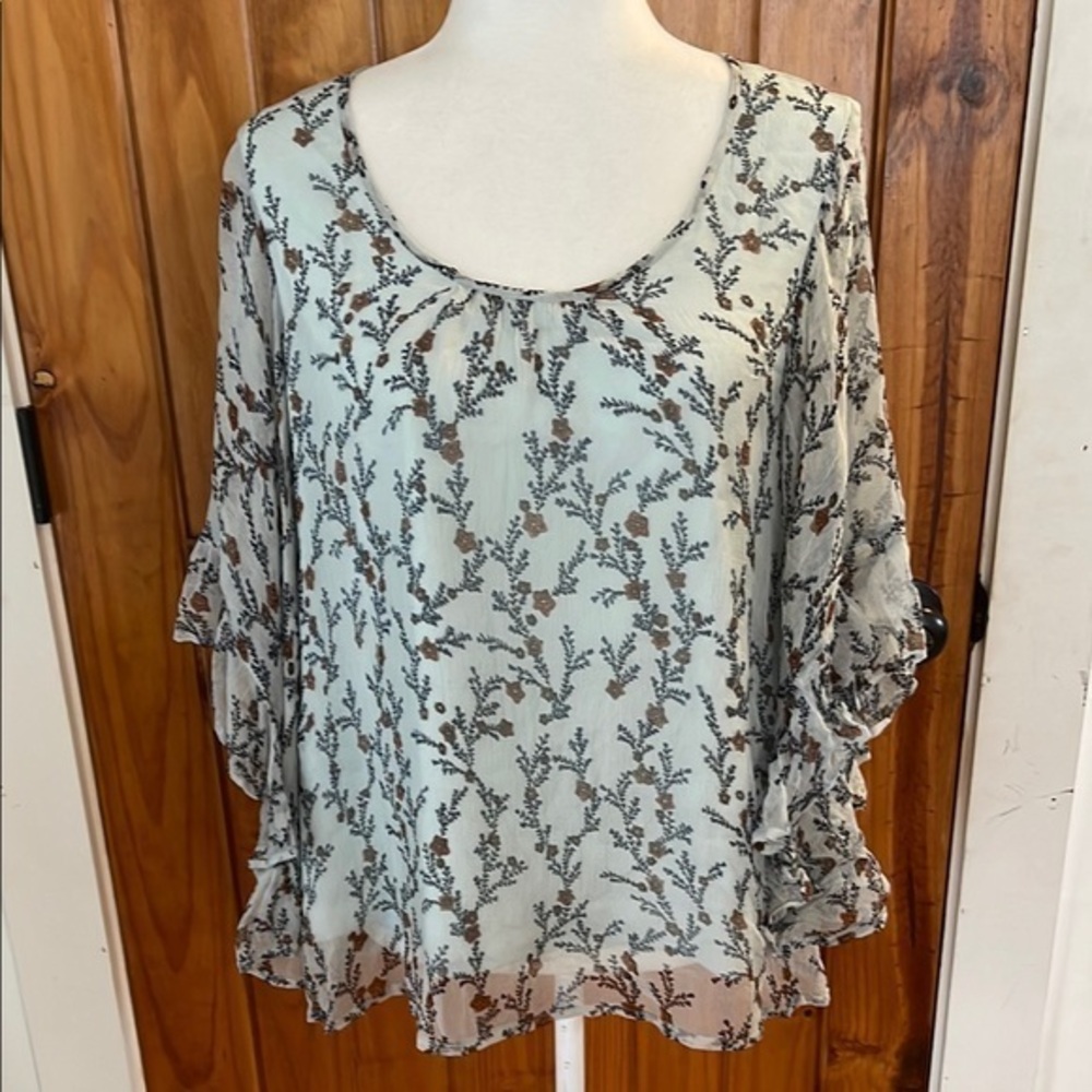 Sundance blue Floral Sheer Butterfly Ruffle Sleeves scoop neck top XS